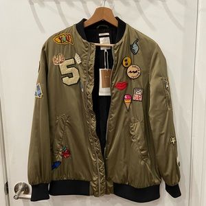 NWT Zara Green Bomber Jacket with Pins and Patches